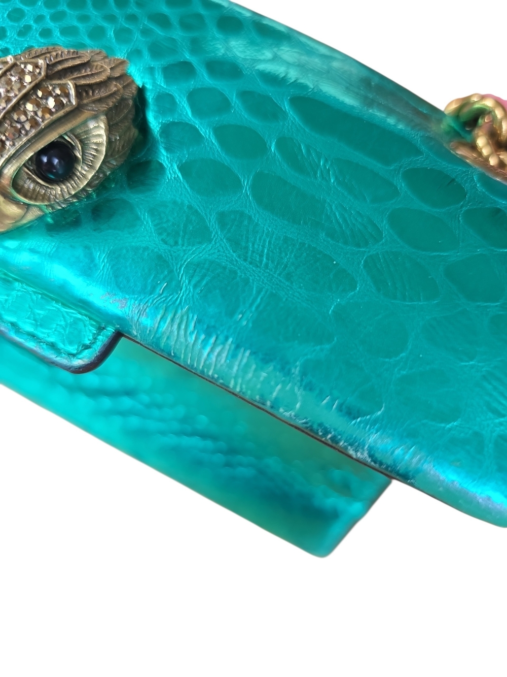Kurt Geiger Turquoise Snake-Embossed Shoulder Bag with Gold Chain - Picture 6 of 15